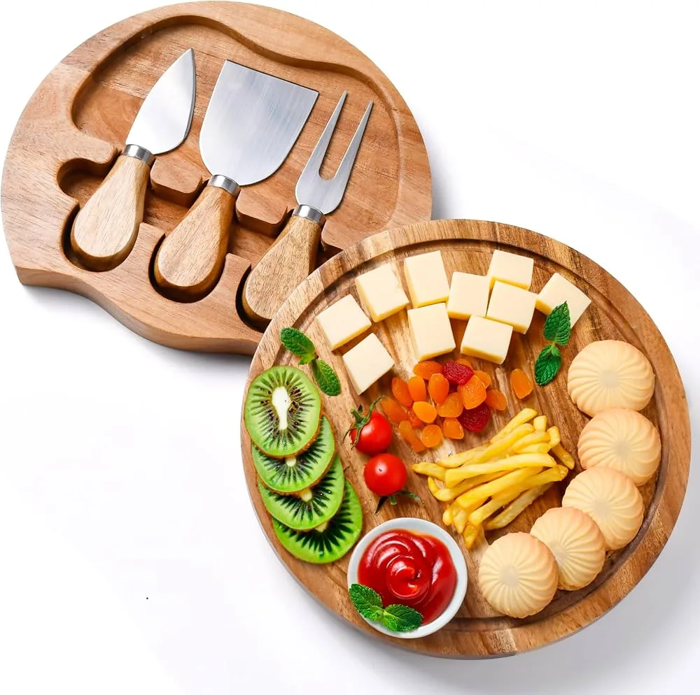 طقم لوح تقديم الجبن الخشبي المدور مع أدوات القطع 🧀🌰