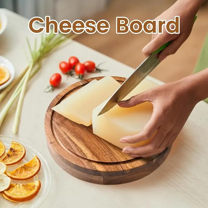 طقم لوح تقديم الجبن الخشبي المدور مع أدوات القطع 🧀🌰 (3)